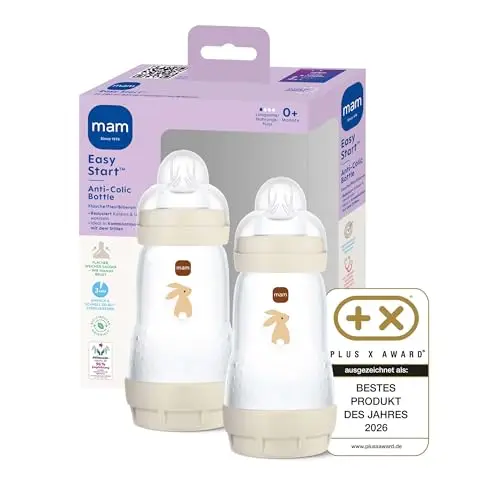 MAM Easy Start Anti-Colic Babyflasche | 0+ Monate | Testsieger | Milchflasche für Neugeborene | Weniger Koliken | stillfreundliche Baby Trinkflasche | Sauger Gr. 1 | 260ml | Hase | 2 Stück