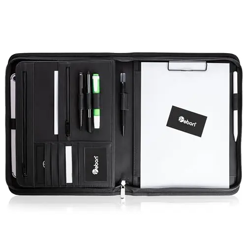 Vebon® Schreibmappe A4 groß New York I Veganes Leder, Reißverschluss + Klemmbrett I Konferenzmappe + Laptoptasche I extra Stauraum I Schwarz