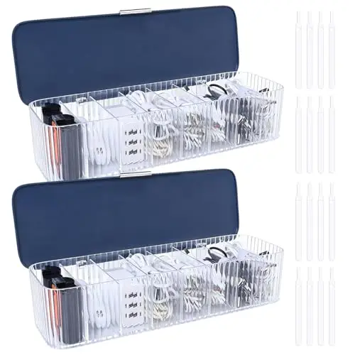2 Stück Kabel Organizer Box, Kabel Aufbewahrungsbox, Kabel Organizer Box mit 8 Fächer und 8 Kabelbindern, Cable Organizer Box für Schreibtisch Aufbewahrung, Büro, Hausgebrauch