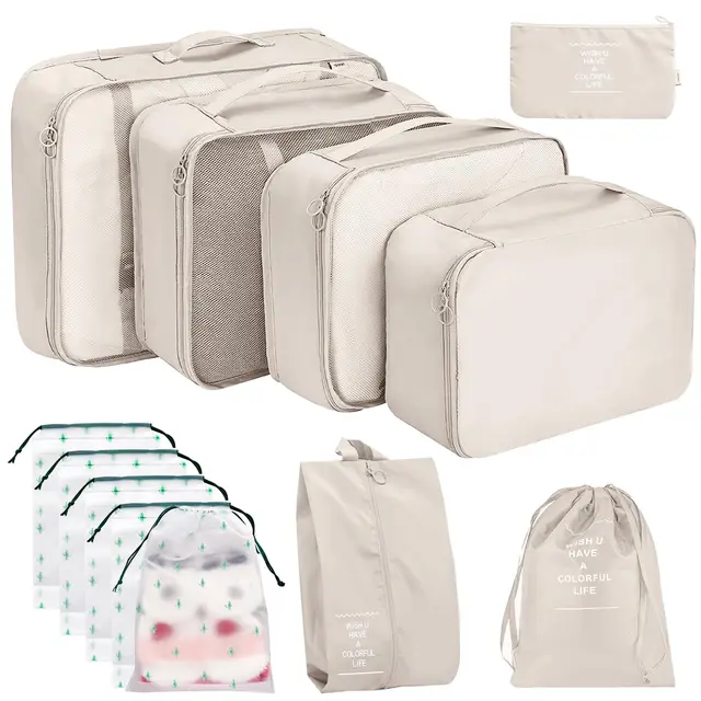 Reisewürfel für Koffer, Gepäck-Organizer mit 5 Kordelzugbeuteln, Koffer-Organizer-Tasche mit wasserdichter Schuhaufbewahrungstasche, Kompressionstaschen, Beige, 12 Stück
