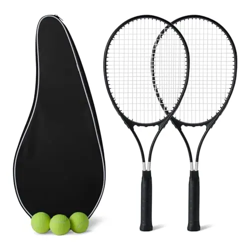 Amazon Basics Tennisschläger-Set, 2 Schläger 68,5cm, 3 Bälle, 2 Übergriffbänder, Leicht, für Erwachsene Anfänger, Schwarz
