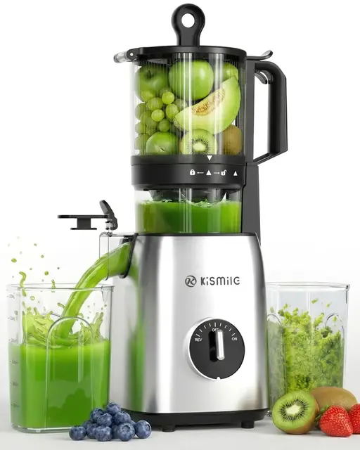 Kismile Entsafter, Slow Juicer mit 135mm extra großem Einfüllschacht, BPA-frei, Leicht zu reinigen, Entsafter für ganzes Obst und Gemüse, 300 Watt Motor & 1,2 L Saftbecher