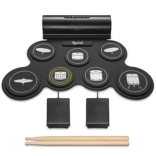 POGOLAB Schlagzeug Elektronisch E Drumset, 7 Pad, Aufrollbares Elektronisches Schlagzeug mit Lautsprecher, Wiederaufladbar Elektrische Trommel mit Sustain-Pedale, Bluetooth, Kopfhörerschlitz, Anfänger