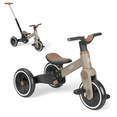 KikkaBoo Flash Dreirad Ab 18 Monaten, 5-in-1 Laufrad Und Dreirad, Umwandelbar Zum Laufrad Oder Fahrrad Ohne Pedale, Mit Verstellbarer Schiebestange, Eva-Räder, Stabiler Stahlrahmen, Beige