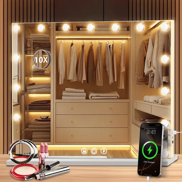 Hollywood Spiegel Schminkspiegel mit Beleuchtung, Kosmetikspiegel 58 x 46 cm, 15 LED Mirror Super HD für Make-up, 3 Lichtfarben Dimmbar Touch Control, USB, inkl. 10-Fach Vergrößerungsspiegel