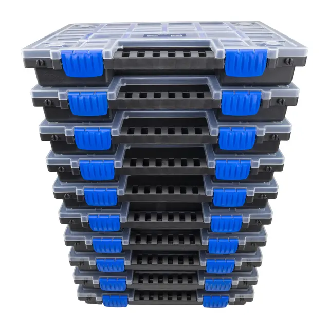 HASKYY Sortimentskoffer Sortimentskiste Sortimentsbox 10x Organizer XL - unterteilt und stapelbar - 345x249x50 mm Kleinteileschrank Werkzeugkiste Schraubbox Ablagefächer