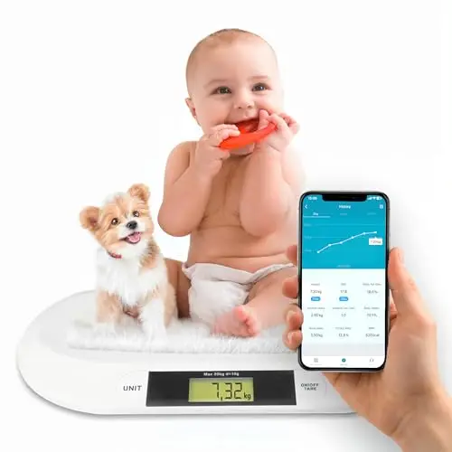 Silvergear® Smart Babywaage mit Bluetooth | Digitale Babywaage mit App für Neugeborene Kinder Haustiere | Präzise Messung bis 20 kg | Smart Life App | 54,5×31,5×2,7cm | Weiß