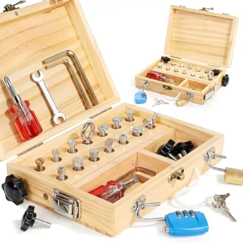 Lehoo Castle Montessori Spielzeug ab 3 4 5 Jahre, Kinder Werkzeugkoffer mit Werkzeug Motorikspielzeug Holzspielzeug Schraubendreher Busy Board, ADHS & Autismus Sensorik Spielzeug Geschenke