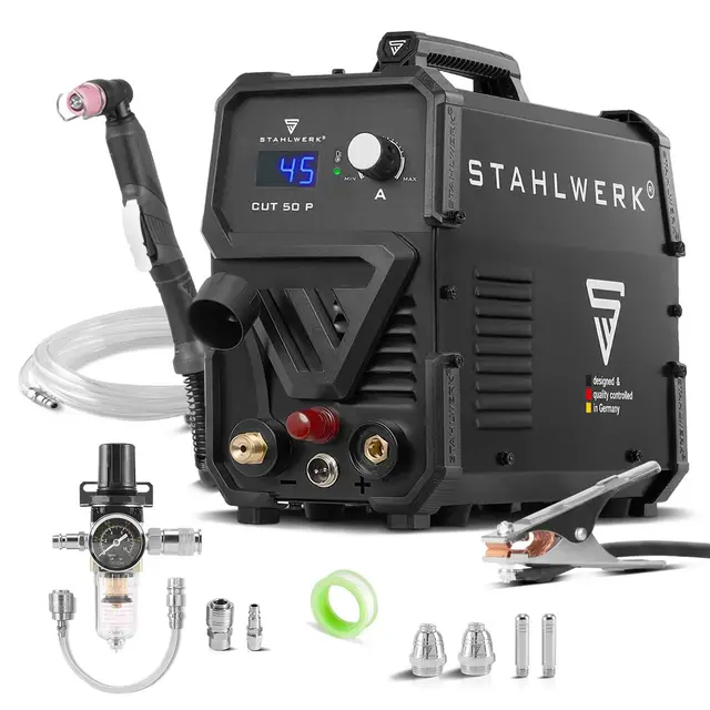 STAHLWERK Plasmaschneider CUT 50 P – Plasmaschneidgerät mit 15 bis 45 A, Schneidleistung bis 15 mm, Plasma Cutter mit HF-Pilotzündung, Smart-Kühlung, einfache Bedienung mit viel Zubehör