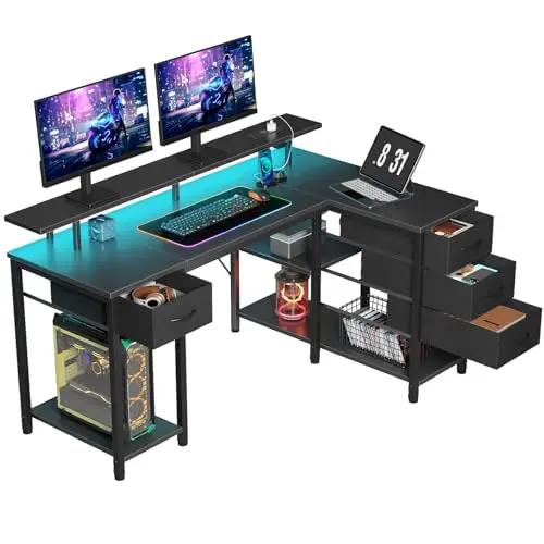 Seventable Gaming-Schreibtisch L-Form mit LED 120 cm Schwarz