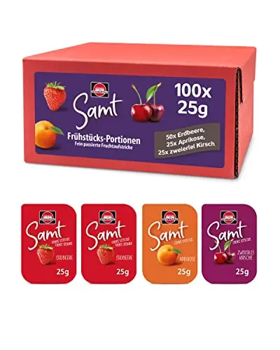 Schwartau Samt Portionen Mix-Box, Konfitüre Portionsschalen (50 x Erdbeere, 25 x Aprikose, 25 x zweierlei Kirsch), Großpackung, 100 x 25g