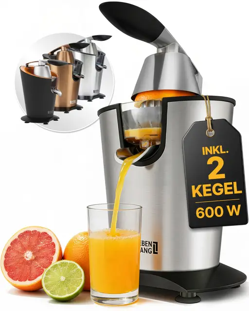 LEBENLANG Saftpresse elektrisch 600W - Inkl. Edelstahlkegel & BPA-Frei I Hohe Ergiebigkeit I Orangenpresse Zitruspresse Zitronenpresse Orangensaftpresse I Orange Juicer Press Zitronen