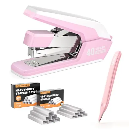 MARSROCK Müheloser Hefter,Für 40 Blatt,1-Finger-Press-Heftung,Ergonomisches Design,2000 Heftklammern und magnetischem Klammerentferner Rosa