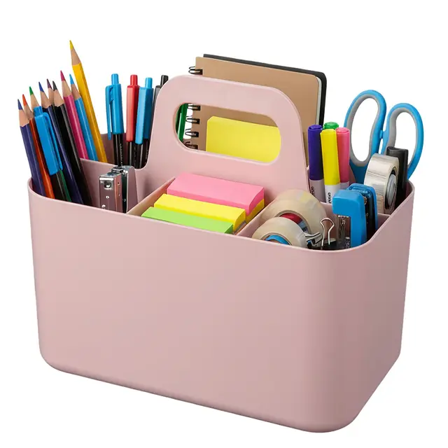 Stapelbarer Aufbewahrungskorb mit Griff - Organizer für Putzmittel mit 5 Fächern, Küche, Bad, Schminktisch & Bastelzubehör, Ablagefächer für Makeup, Nähutensilien (Rosa 24.5x15.5x17.5 cm)