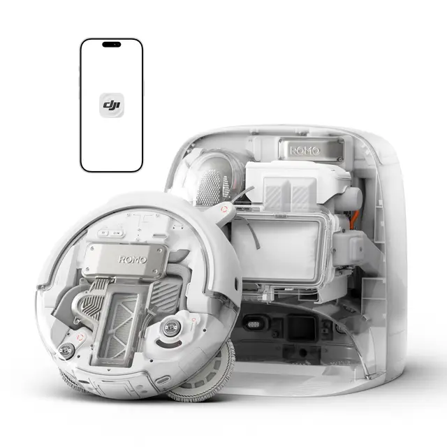 DJI ROMO P Saugroboter mit Wischfunktion, 25.000 Pa Saugkraft, Hinderniserkennung auf Drohnen-Niveau, Anti-Verwicklungsbürste, Selbstreinigende Basisstation, 200 Tage wartungsfrei, Transparent
