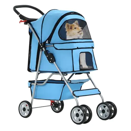 FDW Hundewagen, Faltbar Hundebuggy, Katzenwagen mit 2 360°Drehrädern, Inkl. Aufbewahrungskorb,Kissen&Netzfenstern Getränkehalter 4 Räder, bis 15 kg, Klappbar Haustierbuggy Jogger Buggy, Blau