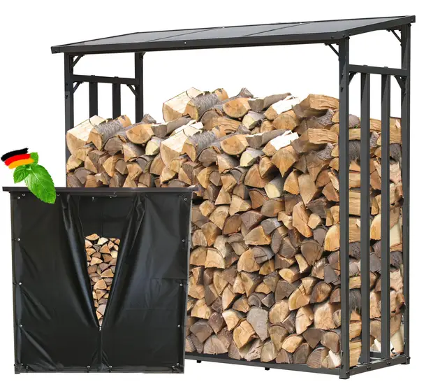 Metall Kaminholzregal Außen 185 x 70 x 185 cm Mit Wetterschutz Schwarz, Pro - 40 mm Stahlprofil, Anthrazit, Wetterfest, Kapazität 2,3 m³ (3,5 SRM), XXL Garten Kaminholzunterstand Stapelhilfe