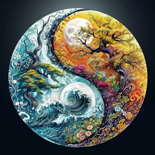 Puzzle 1000 Teile Erwachsene, Klassische Puzzles Runden Yin Yang Landschaft, 67.5 x 67.5cm Flaches Jigsaw, Blaue Papierkarte, Einzigartige 1000 Jigsaw Puzzle für Familie Freunde