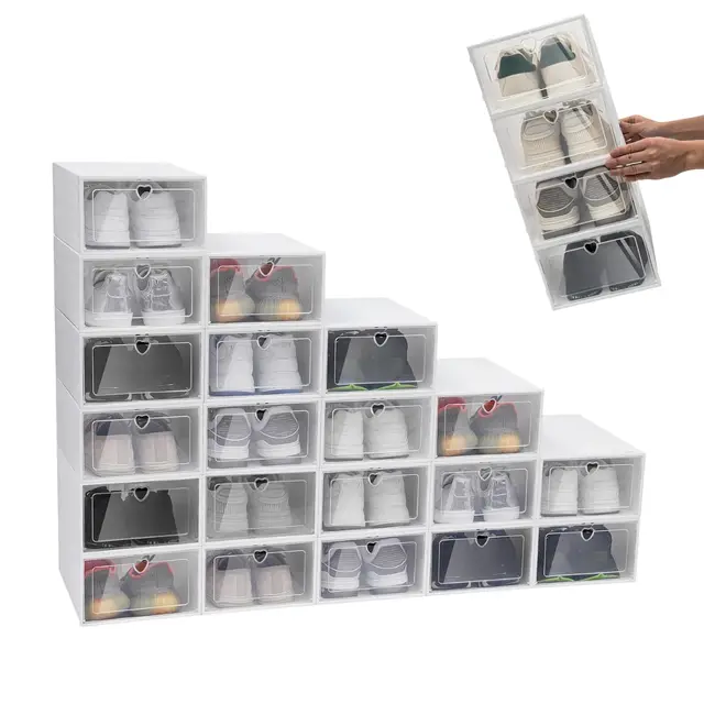 20 Stücke Schuhboxen Stapelbar, Transparent Schuhboxen mit Deckel, Kunststoff Schuhkarton Faltbarer Plastik Schuh Organizer Aufbewahrung Stapelbar Set für Sportschuhe Stiefel Aufbewahrung