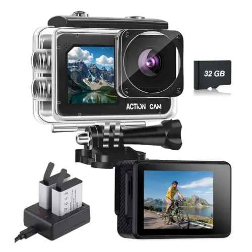 Action Cam FHD 1080P Dual Screen Unterwasserkamera Wasserdicht bis 40M Actionkamera mit 2×1050 mAh Wiederaufladbare Akkus und Zubehör-Set(Black)