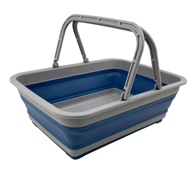 SAMMART 8L zusammenklappbarer Kunststoffkorb mit Griff- tragbarer Outdoor-Picknickkorb/Krater–Faltbare Einkaufstasche–platzsparender Aufbewahrungsbehälter (Grau/Nebel Blau(Wäschekorb mit Griff))