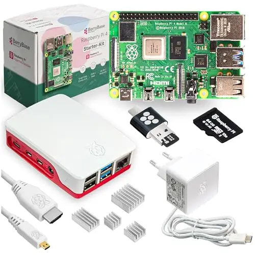 Raspberry Pi 4 Starterkit, 1GB RAM, Komplett-Set von BerryBase | MicroSD-Karte mit Raspberry Pi OS, Offizielles Gehäuse, 15W USB-C Netzteil, Micro-HDMI-Kabel, Kühlkörperset