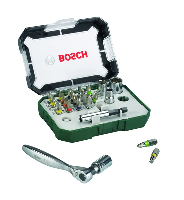 Bosch 26tlg. Schrauberbit- und Ratschen-Set (Extra harte Qualität, mit Adapter, Universalhalter, Zubehör Bohrschrauber und Schraubendreher)