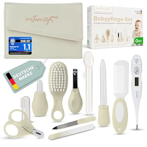 Baby Pflegeset Neugeborene (Creme) – 11-teiliges Newborn Baby Set mit hochwertiger Baby Nagelschere, Fieberthermometer, Bürste und mehr – Ideal als Erstausstattung für Neugeborene