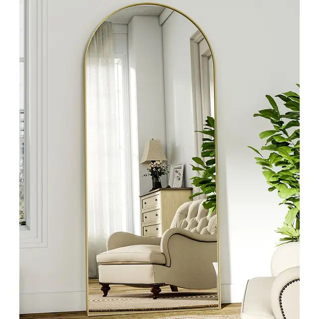 BEAUTYPEAK Großer Bogen Ganzkörperspiegel 181x63 cm, Gewölbter Standspiegel hängend oder lehnend an die Wand, groß Bodenspiegel mit Ständer für Schlafzimmer, Wohnzimmer oder Ankleidezimmer, Gold