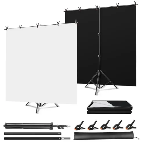 Fotohintergrund Set Mit Stativ, 2-in-1 Wendbarer Schwarz Weiß Hintergrund 150 × 200 cm, T-Stativ Mit 5 Klammern Für Fotografie, Party & Dekoration