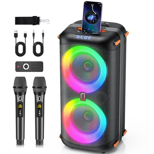 HWWR Karaoke Maschine mit 2 Mikrofonen, Tragbare PA Anlage mit Bluetooth 5.3, EQ Modi, RGB Licht, TWS, USB/TF/AUX, Karaoke Set für Erwachsene und Outdoor-Partys