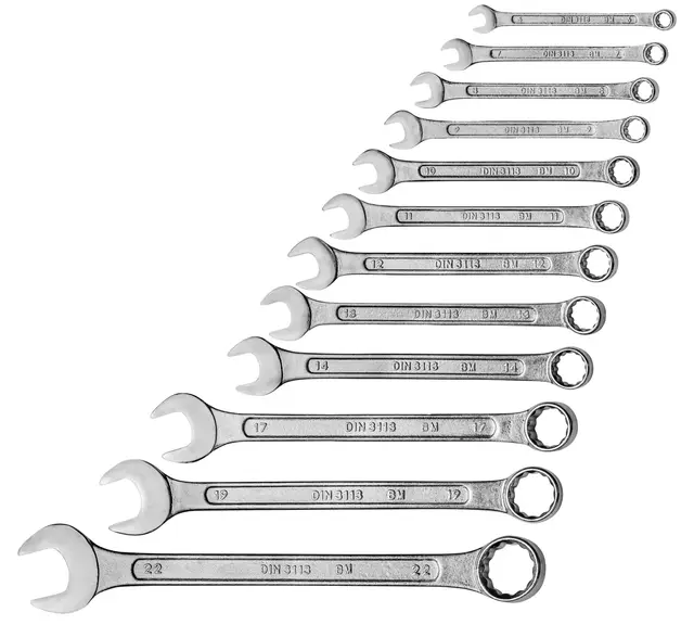 Mannesmann Brüder Gabel-Ringschlüsselsatz 12-tlg., Chrom-Vanadium-Stahl, korrosionsbeständig, Profi-Qualität, entspricht DIN 3113, ideal für Autoschrauben und Werkstatt, 6-22 mm | M 130-12DIN