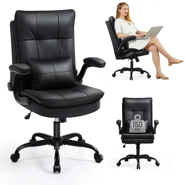 Bürostuhl Ergonomisch [TESTSIEGER] Schreibtischstuhl | Kratzfeste Leder | Hochklappbare Armlehne & Hohe Rückenlehne | Höhenverstellbar & Wippfunktion | Chefsessel 150 kg, Schwarz
