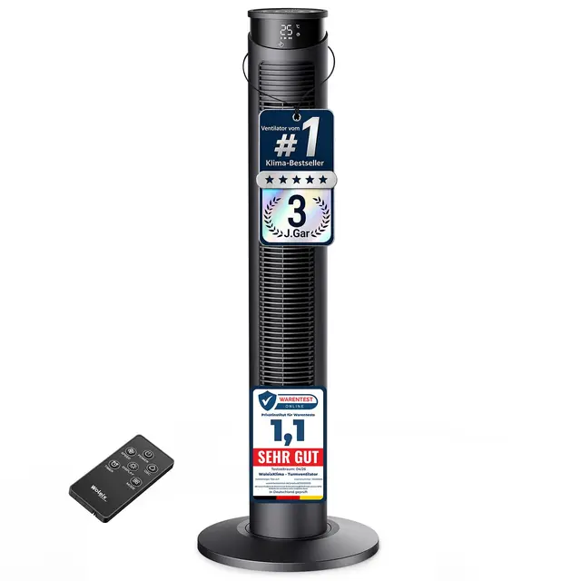Ventilator sehr leise 25dB, Turmventilator sehr leise mit Fernbedienung, Standventilator sehr leise mit Fernbedienung, 40W, 4 Modi&3 Stufen, 75°Oszillation, 12H Timer, 93CM