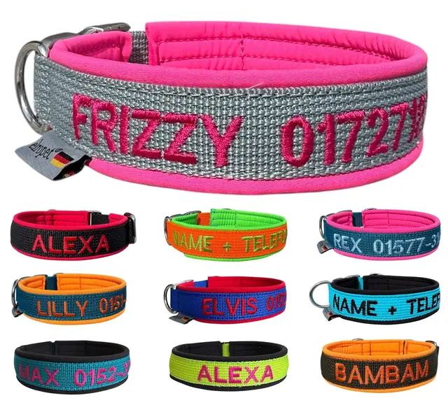 Hundehalsband personalisierbar - kleine und große Hunde (XS - XXL) - individuell zusammenstellen - Halsband Bestickt Name + Telefonnummer - Hundehalsband breit & verstellbar