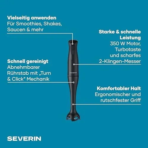 Severin Stabmixer zum Pürieren und Zerkleinern, Mixstab, abnehmbarer Mixfuß, Turbotaste, 2-Klingen-Messer, einfache Reinigung, rutschfester Griff, für Smoothies, Shakes, Saucen, 350W, schwarz, SM 3760
