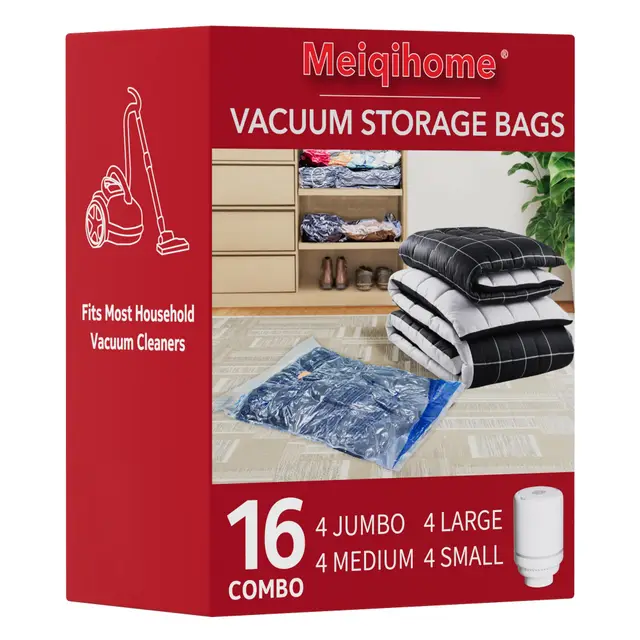 MEIQIHOME 16er Set Vakuumbeutel mit Elektrischer Pumpe – 4J/4L/4M/4S – Kompressionsbeutel für Kleidung, ideal für Umzug, Reise, Lagerung