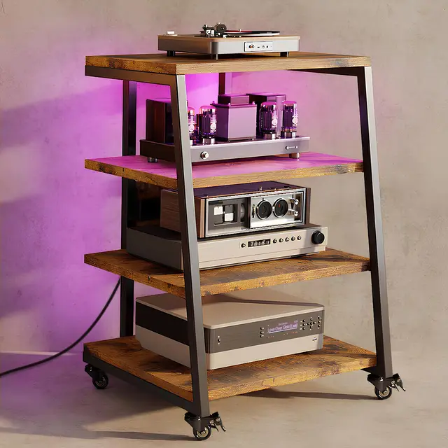 4-stufiger HiFi Rack mit Rädern, Plattenspieler Tisch Schrank mit Steckdosenleisten, LED-Leuchten, Verstellbaren Ablage Holz Medienständer HiFi Regal für Audioanlage, Stereoanlagen, TV, 60x52x78 cm