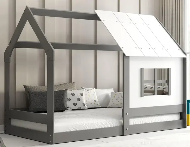 Interbeds Hausbett mit Dach Kinderbett 80x160 Bodenbett Holzbett Einzelbett Montessori mit Rausfallschutz & Lattenrost für Jungen und Mädchen aus Massivholz (Grau)