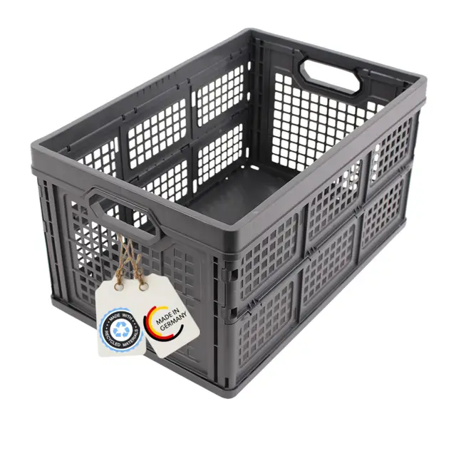 Stabile Einkaufsbox klappbar, Klappbox 45L, 60% Recycling-Plastik, Made in Germany, TÜV, verstärkter Boden, 52,5x34,5x28 cm, Dunkelgrau