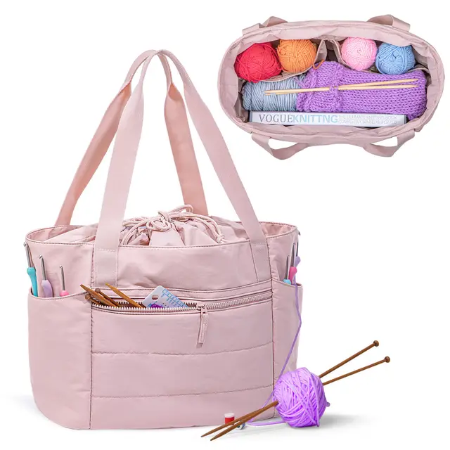 Teamoy Stricktasche mit Kordelzug für Wolle, Tragbare Aufbewahrungstasche zur Aufbewahrung von Garn, Häkelzubehör und Stricknadeln, Rosa, Große, (Nur Tasche)