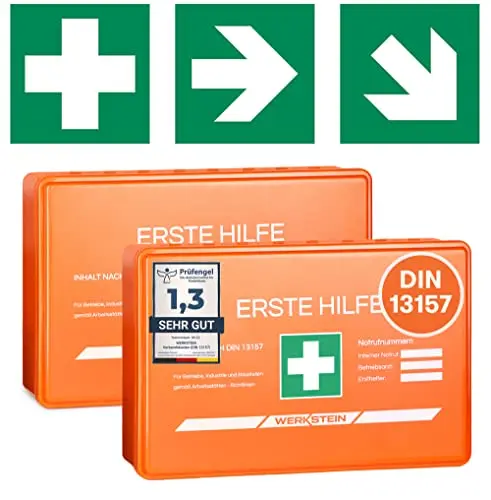 2x Erste Hilfe Kasten DIN 13157:2021 Small - Inkl. praktischer Wandhalterung, 5x Aufkleber, Gesichtsmasken & Feuchttücher - Verbandskasten DIN 13157 für Betriebe, Einrichtungen & Zuhause