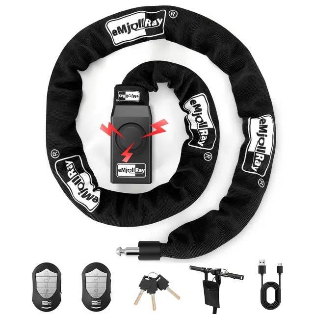 120cm Fahrradschloss mit Alarm 110dB Fahrrad Alarmanlage Schloss für E Scooter Ebike Fahrradschloss Hohe Sicherheit 8mm Dickes Kettenschloss, 2 Fernbedienungen,3 Schlüssel,USB C Kabel,Tasche