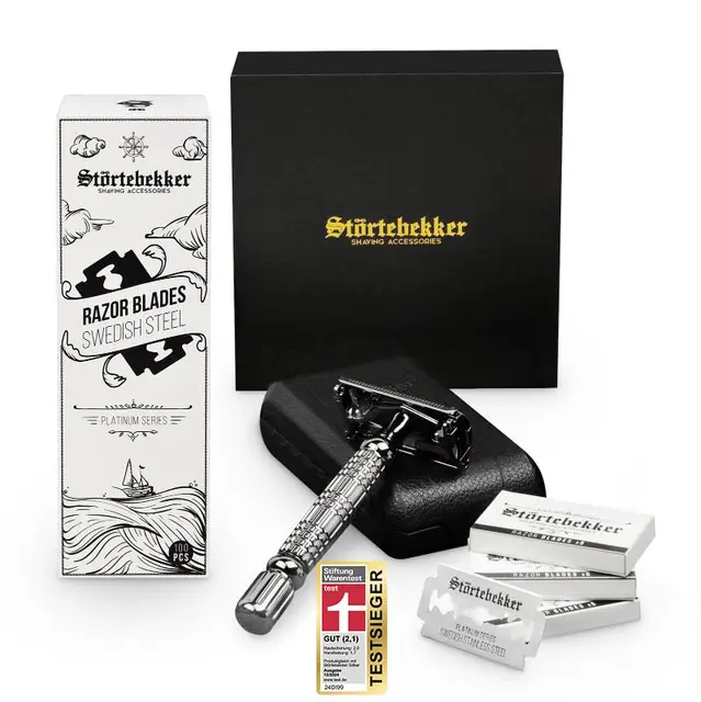 Störtebekker Premium Rasierhobel Einstiegsset Schwarz mit 110 Klingen