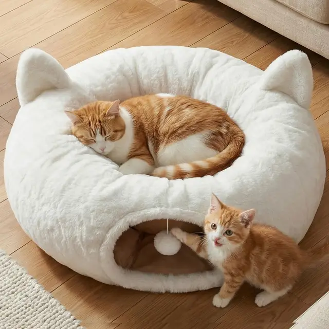 Katzentunnel Rund Weiß mit Katzenbett, Weicher Plüsch Katzen Donut Tunnel Spielzeug mit Waschbarem Kissen, Peekaboo Katzenhöhle Spieltunnel XXL für Indoor Katzen & Haustiere