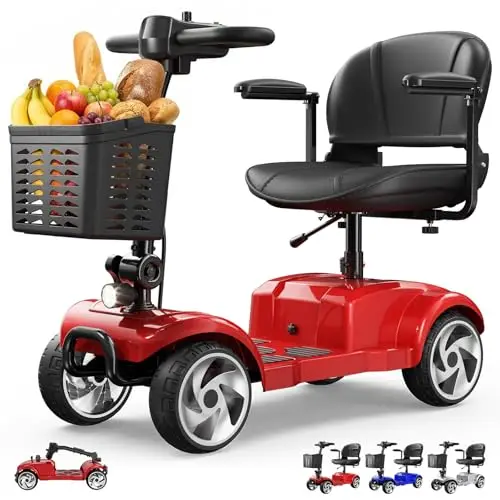Seniorenmobil 4 Rad Klappbar Elektromobil für Senioren und Erwachsene 12AH Akku Elektrische Gehhilfe 20km Reichweite Faltbares Elektromobil mit Sitz und Korb bis 150kg für Privatgebrauch, Rot