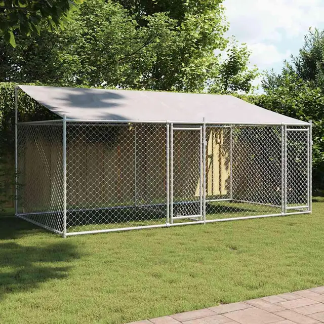 Hundezwinger mit Dach und Türen Grau 4x2x2 m, UV- & Wasserdicht Hundehütte Outdoor Hundehaus für große Hunde Garten, Verzinkter Stahl