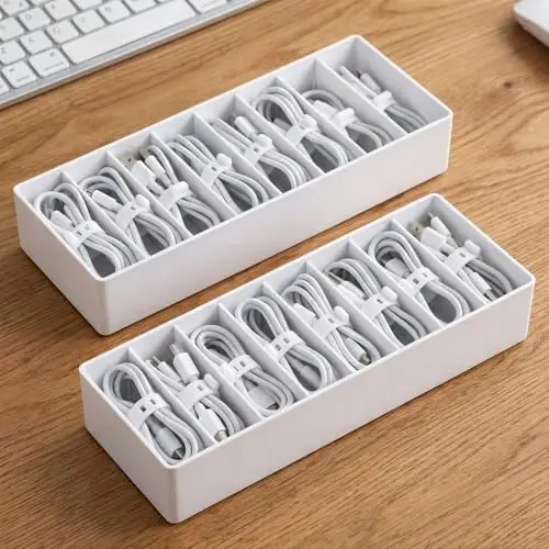 2 Stück Kabelbox mit 8 Verstellbaren Fächern, Kabel Organizer Box, Kabelaufbewahrungsbox mit 14 Kabelbindern, Aufbewahrungsbox für Ladekabel, Schreibtisch, Büro