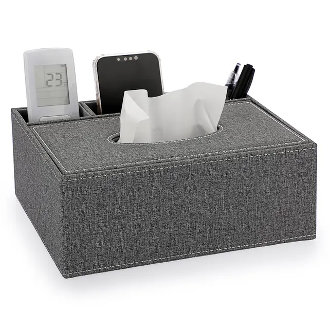 BTSKY Rechteckige Taschentuchbox aus Leinen mit Fernbedienung, Aufbewahrungsbox Serviettenhalter für Zuhause, Taschentuchhalter, Schreibtischaufbewahrung (grau)