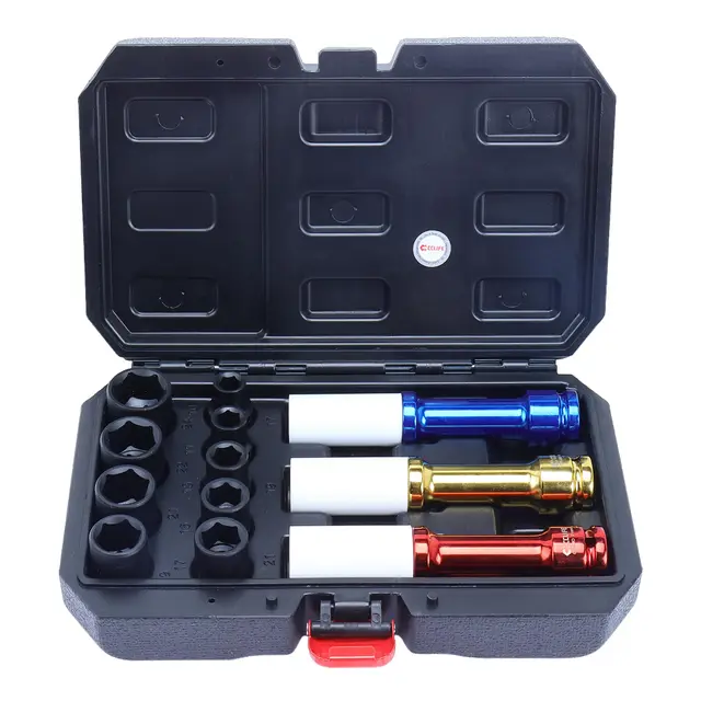 CCLIFE 12tlg 1/2 Zoll Schlagschrauber-Stecknuss-Set, Farbcodierte Lange Radmuttern-Nüsse (150 mm, dünnwandig) in 17/19/21 mm, plus Kurze Impact-Nüsse 10–22 mm aus Cr-Mo